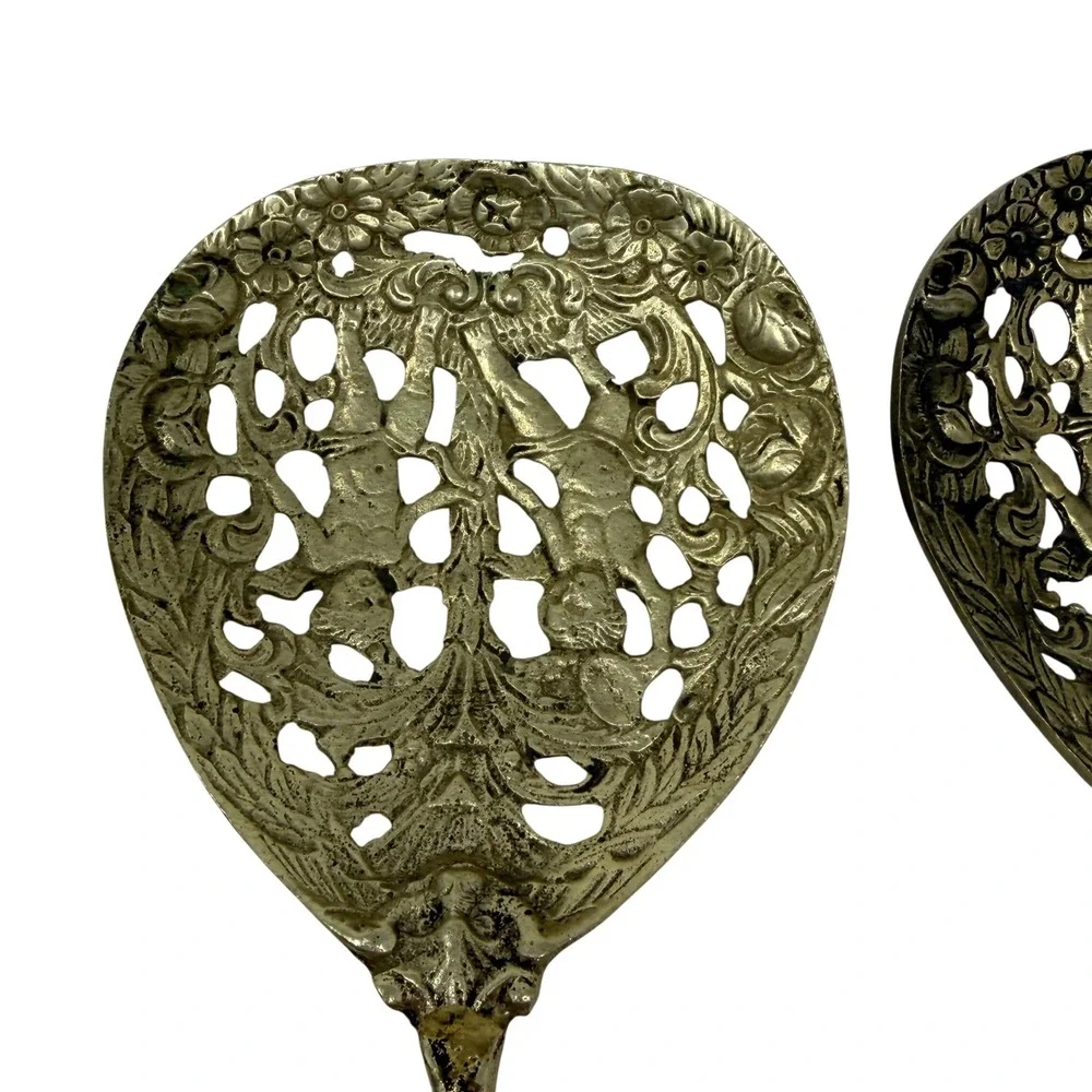 Vintage Pair‎ Italian Brass Pierced Serving Spoons 10in Ornate Baroque